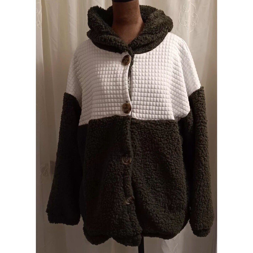 Army Green Teddy Bear Oversized Jacket Shacket White Waffle Weave Women Small